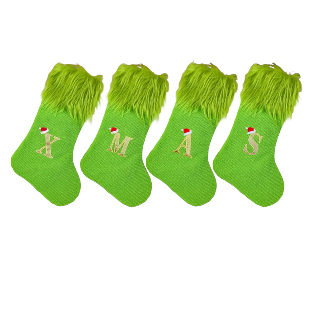 Four bright green monogrammed christmas stockings with lime-green faux fur hems and gold xmas embroidery above fireplace