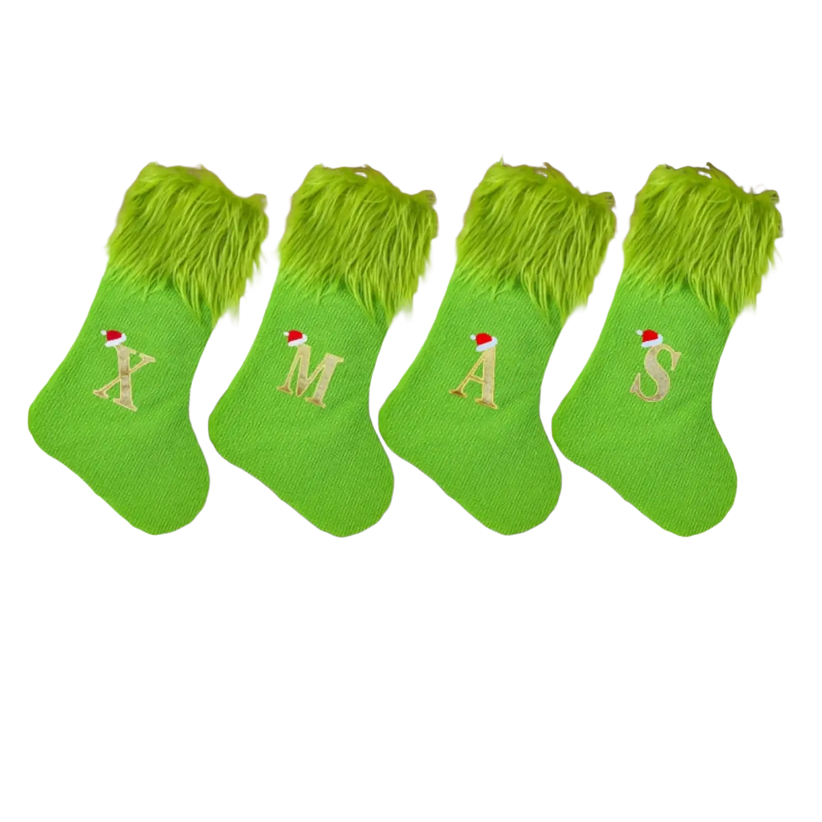 Four bright green monogrammed christmas stockings with lime-green faux fur hems and gold xmas embroidery above fireplace
