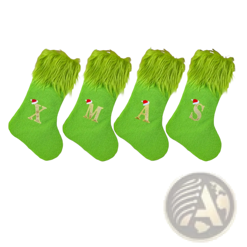 Four bright green monogrammed christmas stockings with lime-green faux fur hems and gold xmas embroidery above fireplace