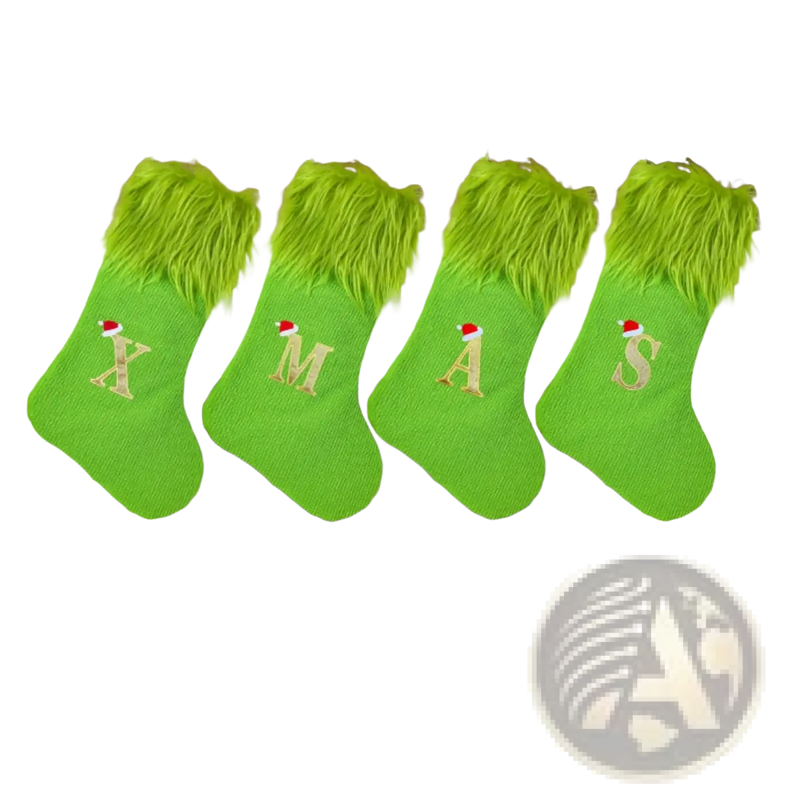 Four bright green monogrammed christmas stockings with lime-green faux fur hems and gold xmas embroidery above fireplace