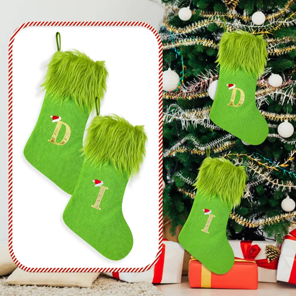 Green monogrammed christmas stocking made of fuzzy fabric with gold initials and tiny santa hats for holiday decor