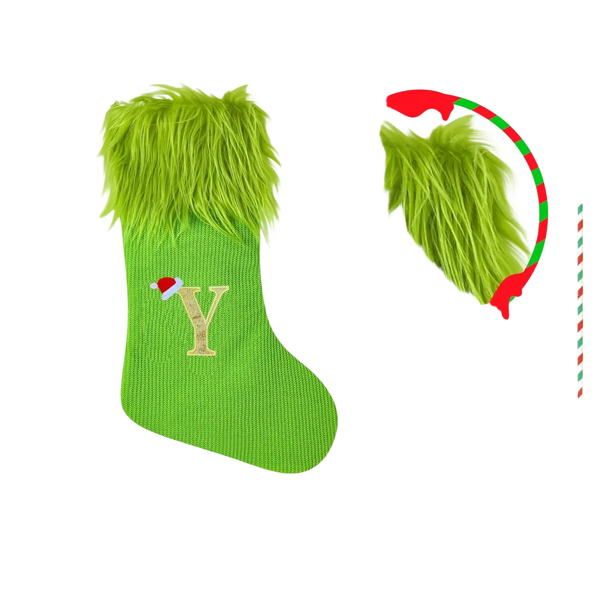 Green knitted christmas stocking with fluffy faux fur cuff and gold embroidered letter y topped with small red santa hat
