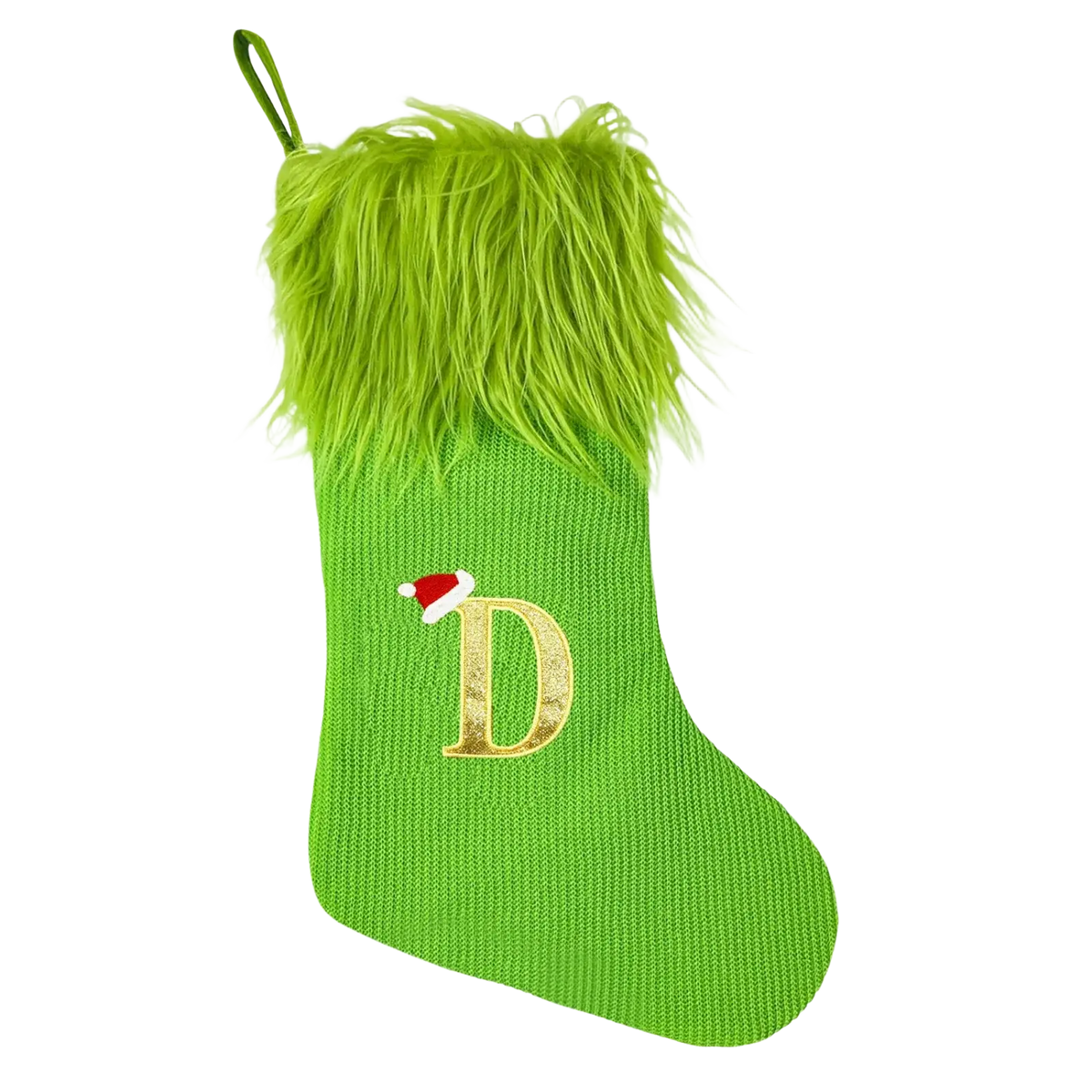 A vibrant lime green knitted christmas stocking with a fluffy faux fur cuff and gold glitter letter d with santa hat