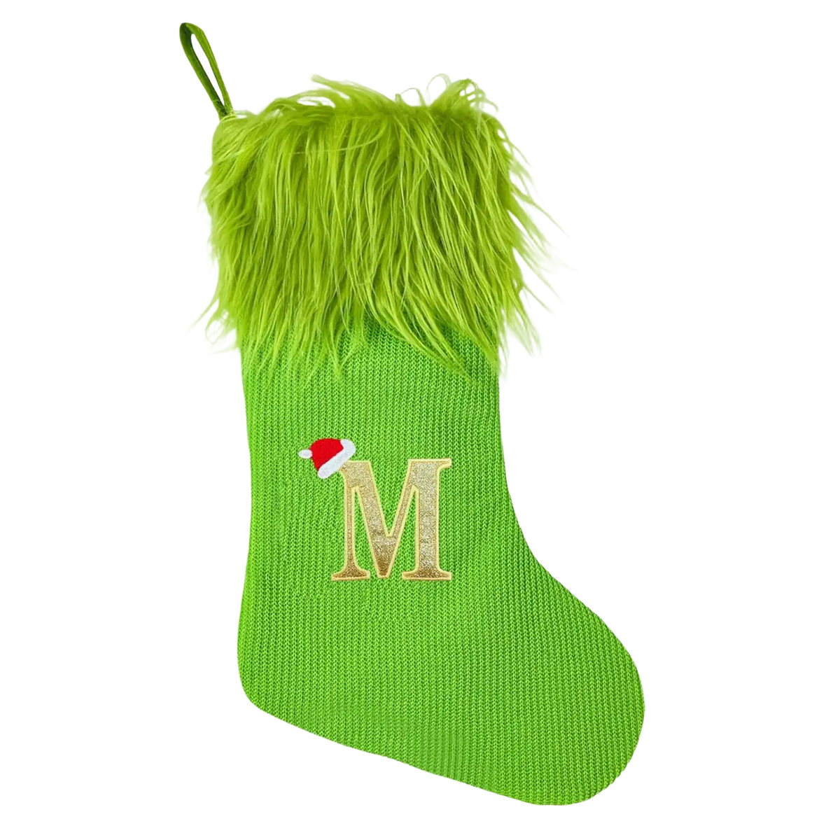 A vibrant lime green knitted christmas stocking with fluffy faux fur cuff embroidered gold letter m and red santa hat