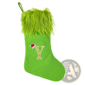 Green monogrammed knitted Christmas stocking with lime faux fur cuff gold glitter letter Y and red white Santa hat topper