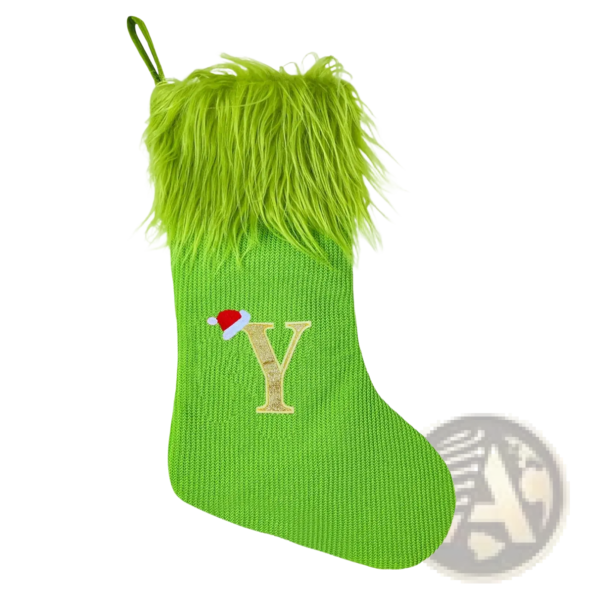 Green monogrammed knitted Christmas stocking with lime faux fur cuff gold glitter letter Y and red white Santa hat topper