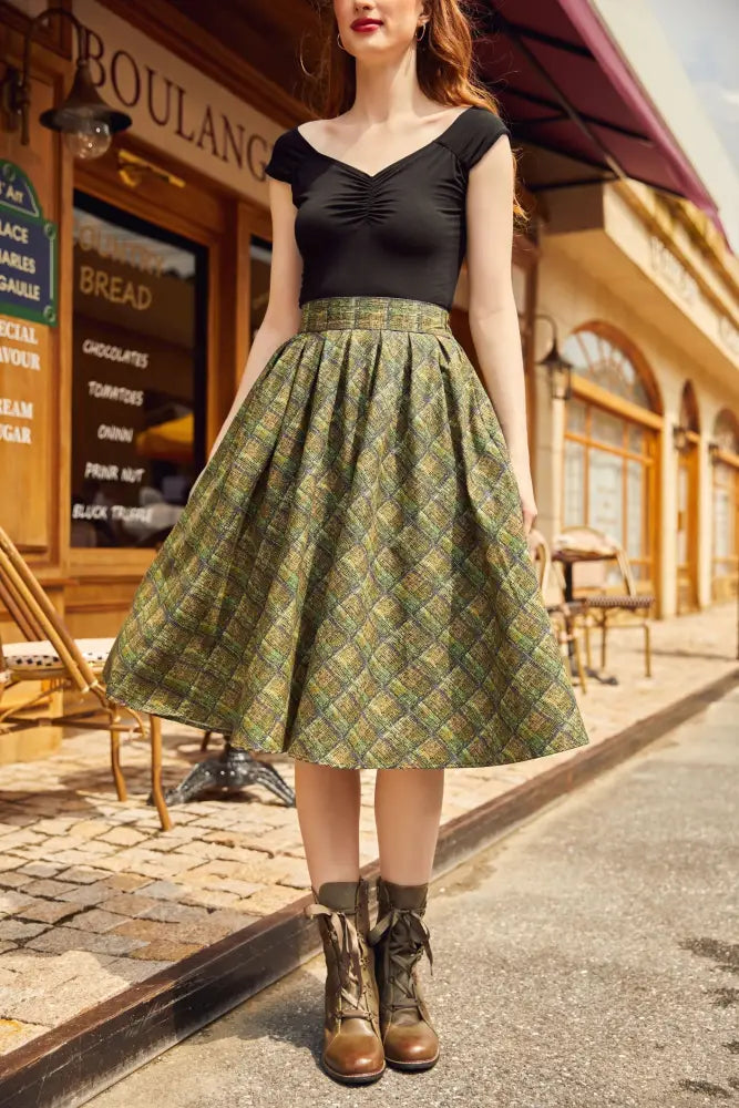 Green plaid doris vintage cotton midi skirt with high waistband pleated design and functional pockets