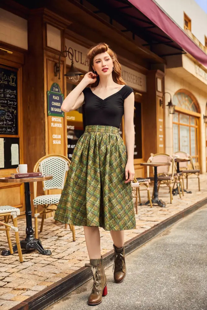Green plaid Doris vintage cotton midi skirt with pockets and high waistband in green and brown plaid pattern