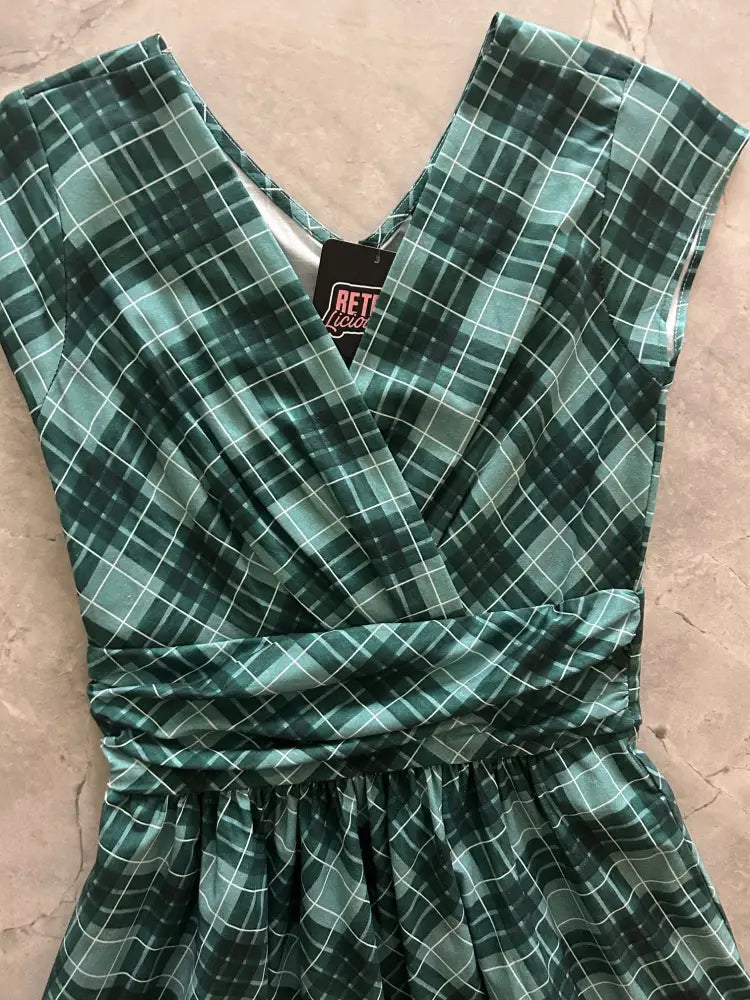 Greta green plaid v-neck cotton dress with a gathered waistband and pockets for casual wear