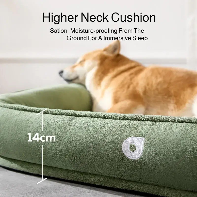 Green plush bolster dog bed with plush olive green fabric, higher neck cushion, and moisture-proofing for restful sleep