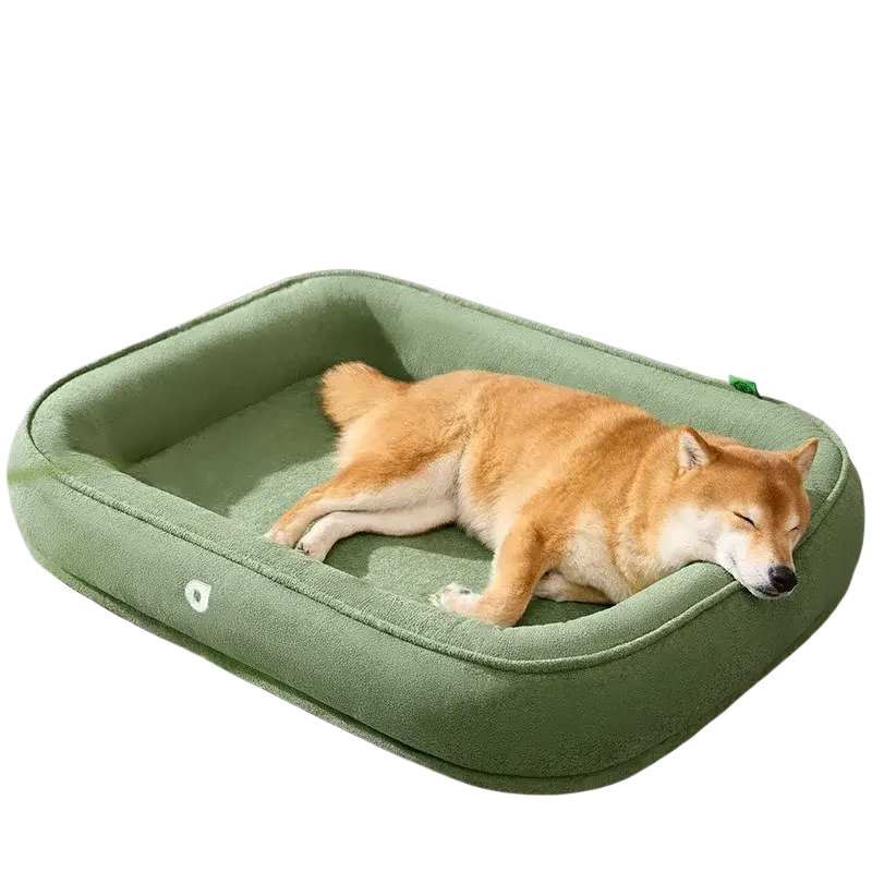 A green plush bolster dog bed with a thickened splash-proof track nest and a fluffy soft interior cushion