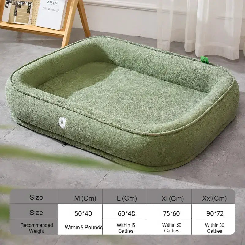 A plush olive green rectangular dog bed with soft textured fabric and rounded edges washable pet cushion