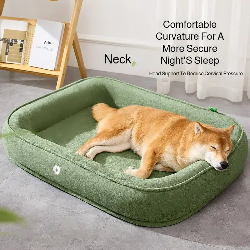 Soft olive green plush bolster dog bed with supportive neck contouring design and washable pet cushion