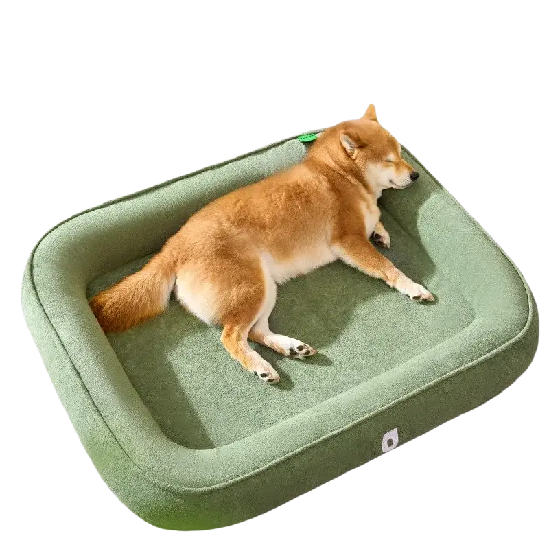 Green plush bolster dog bed soft green rectangular washable pet cushion with plush cushioned edges for lounging