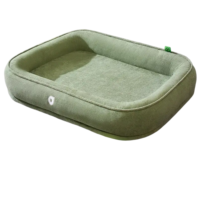 Soft sage green plush dog bed with cushioned rectangular design and rounded edges washable pet cushion