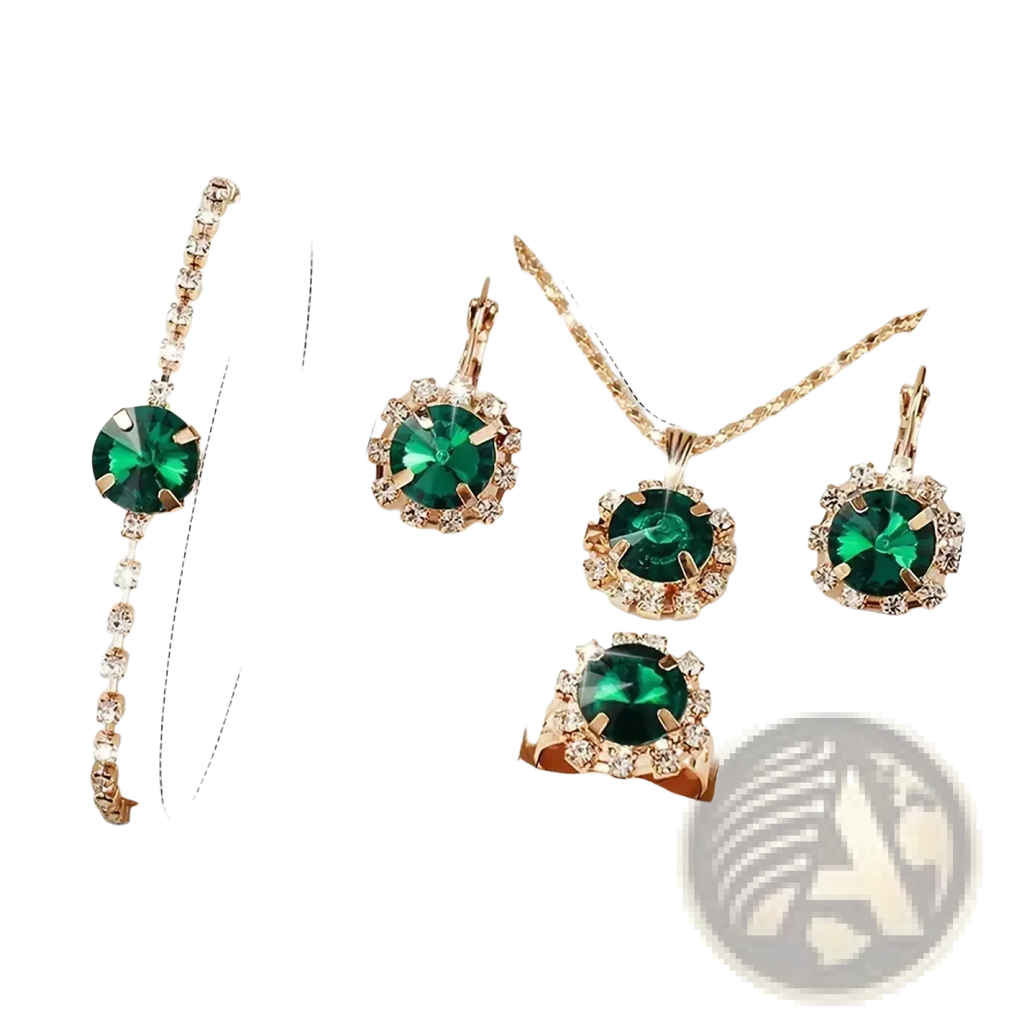 Elegant green quartz watch and jewelry set for women featuring emerald green crystals with rose gold-tone metalwork