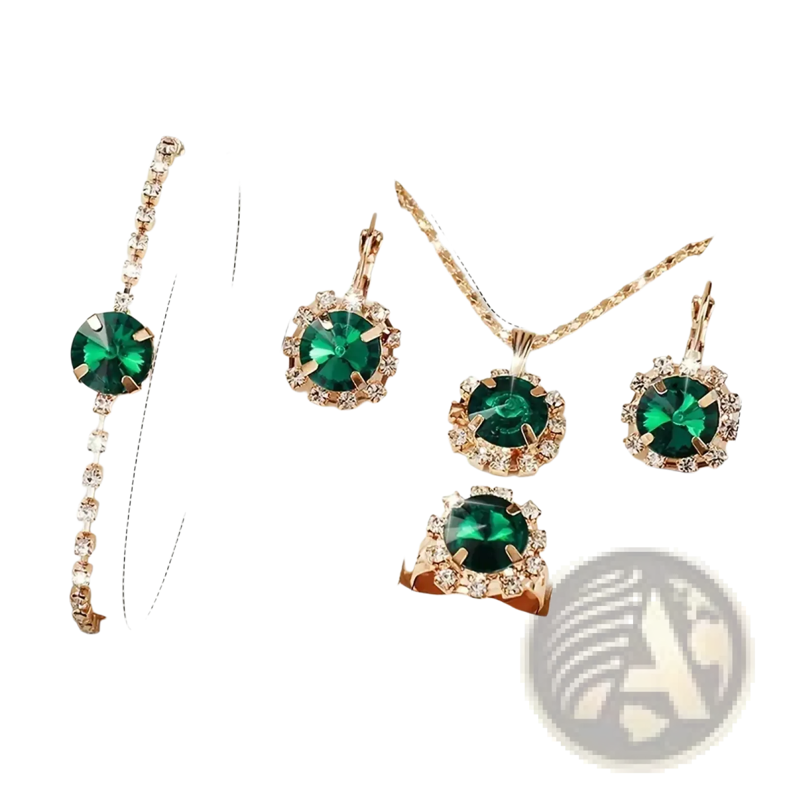 Elegant green quartz watch and jewelry set for women featuring emerald green crystals with rose gold-tone metalwork