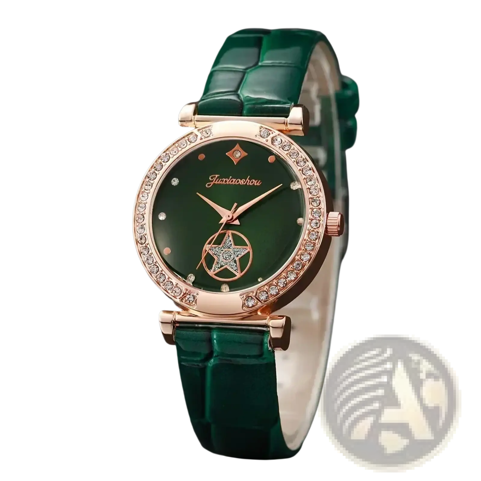 Green quartz watch and jewelry set for women featuring an emerald green crocodile leather strap and rose gold crystal case