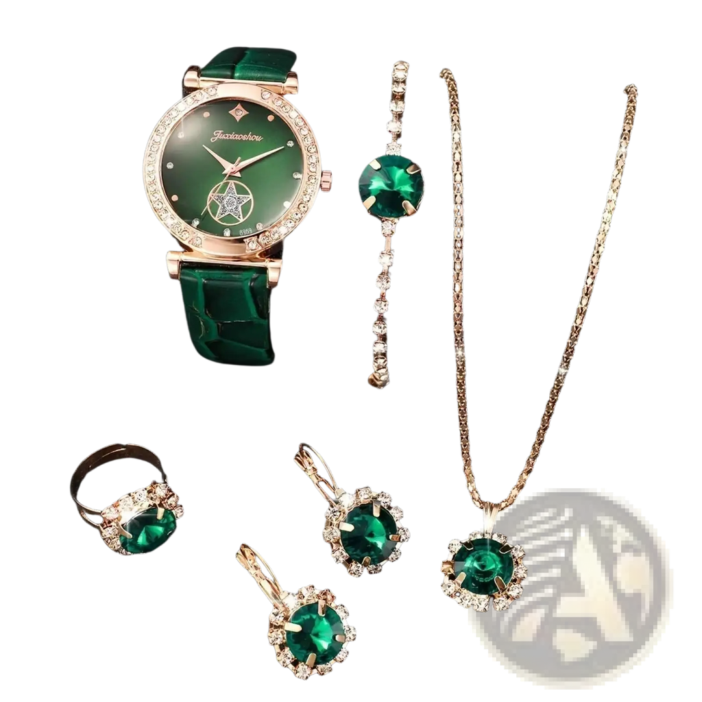 Emerald green quartz and rose gold watch and jewelry set for women featuring bracelet necklace earrings and ring