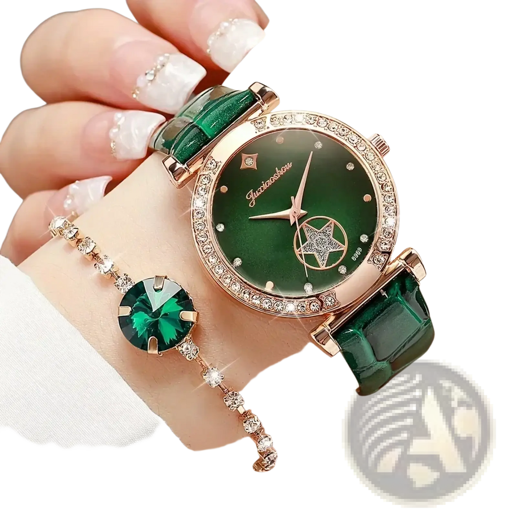 Emerald green quartz watch for women with rose gold accents diamond bezel and elegant star motif on the dial