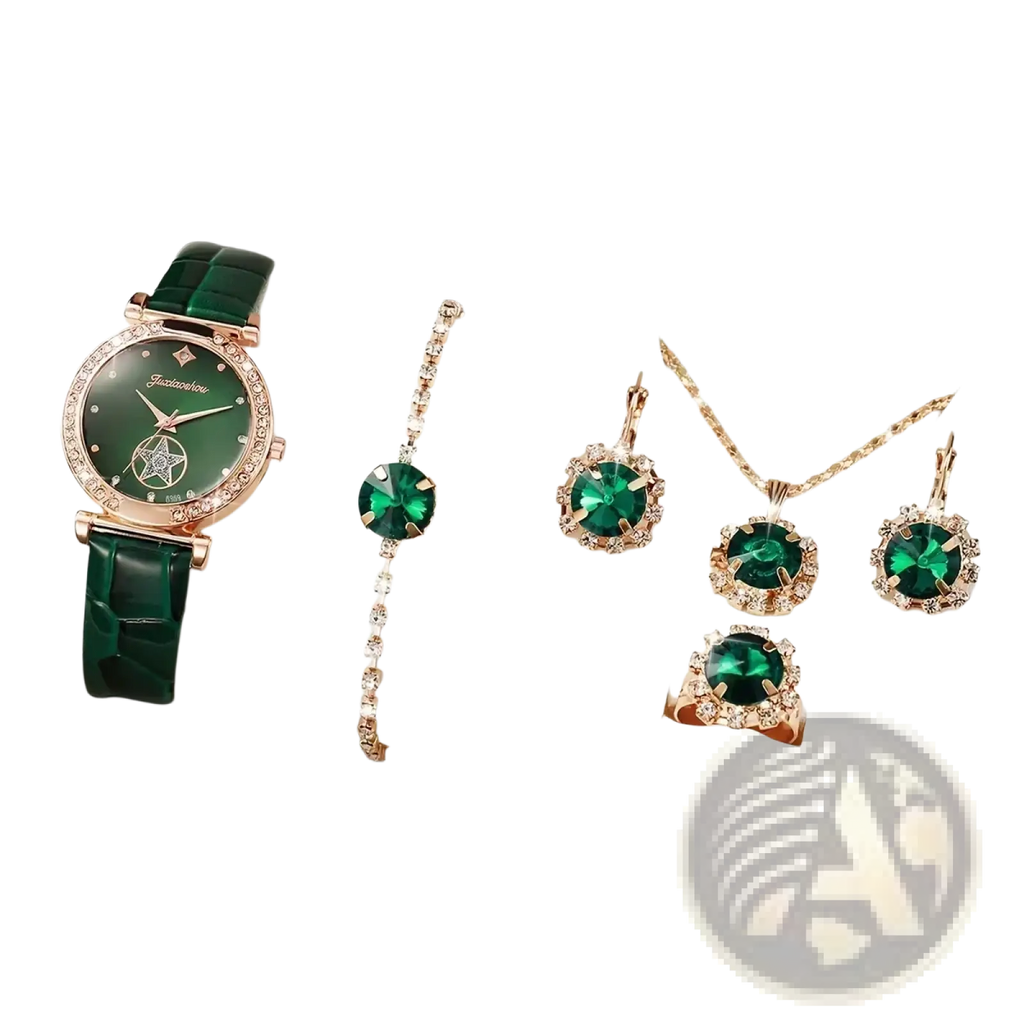 Emerald green and rose gold green quartz watch and jewelry set with crocodile strap and sparkling crystal accents