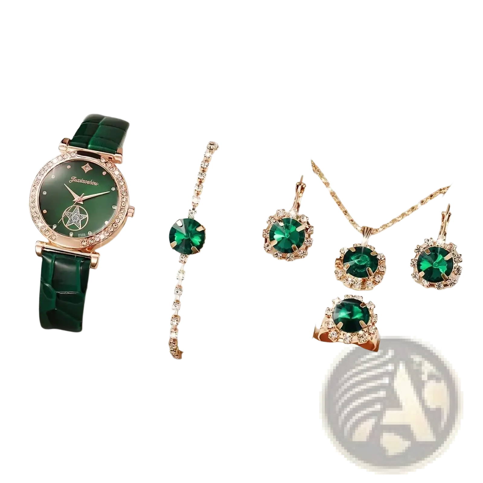 Emerald green and rose gold green quartz watch and jewelry set with crocodile strap and sparkling crystal accents