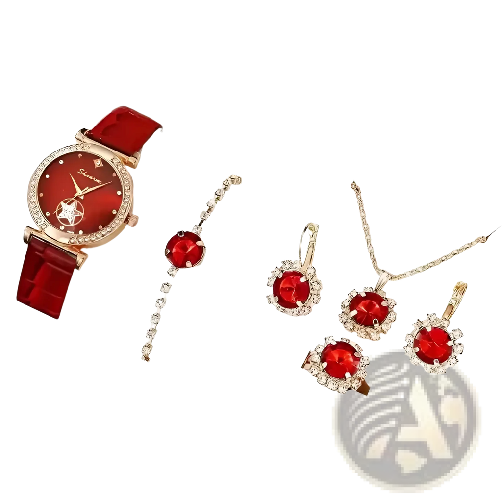 Green quartz watch and jewelry set for women featuring a red leather strap watch with diamond-studded rose gold star design case