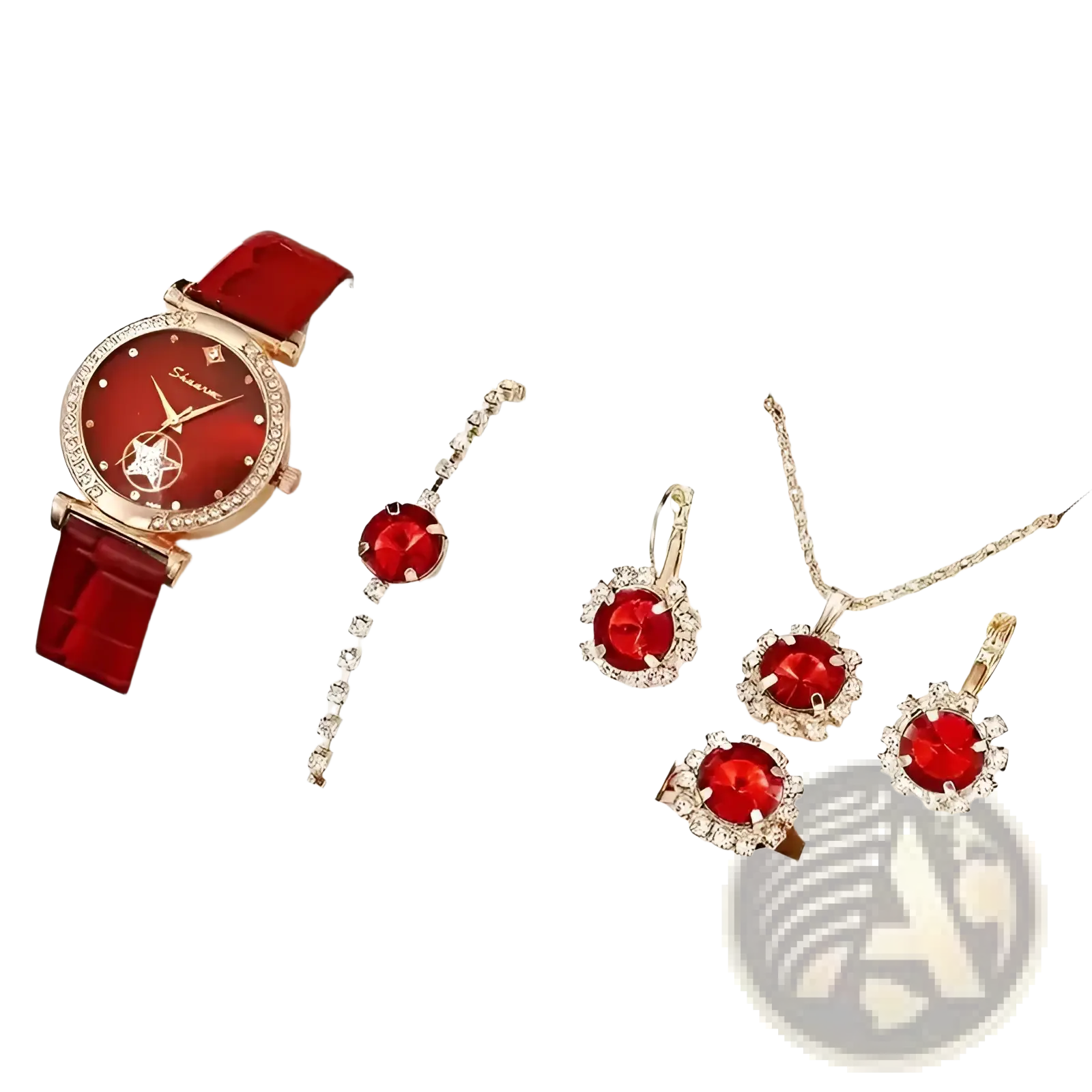 Green quartz watch and jewelry set for women featuring a red leather strap watch with diamond-studded rose gold star design case