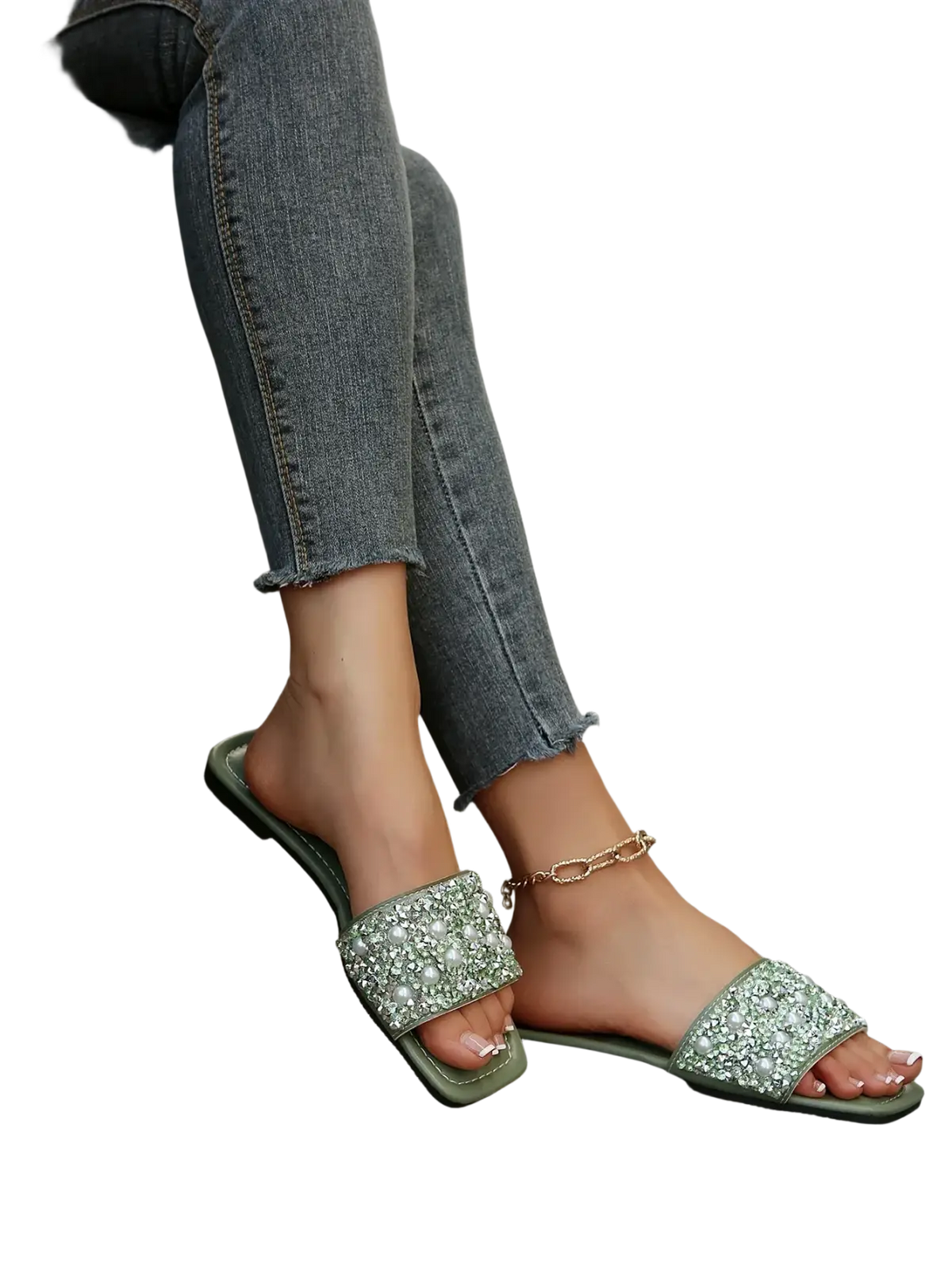Green rhinestone flat slide sandals featuring a sparkling beaded strap for stylish casual wear