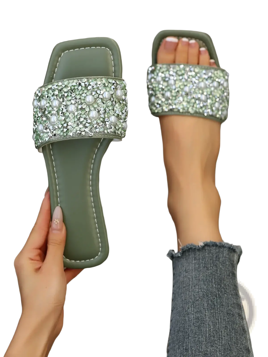 Olive green slide sandals with a sparkling band of clear rhinestones and white pearls flat style