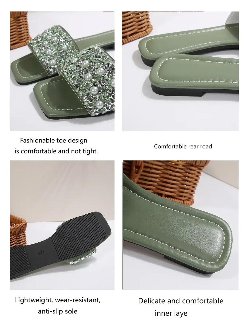 Olive green flat slide sandals featuring a decorative strap with sparkling rhinestones and pearls