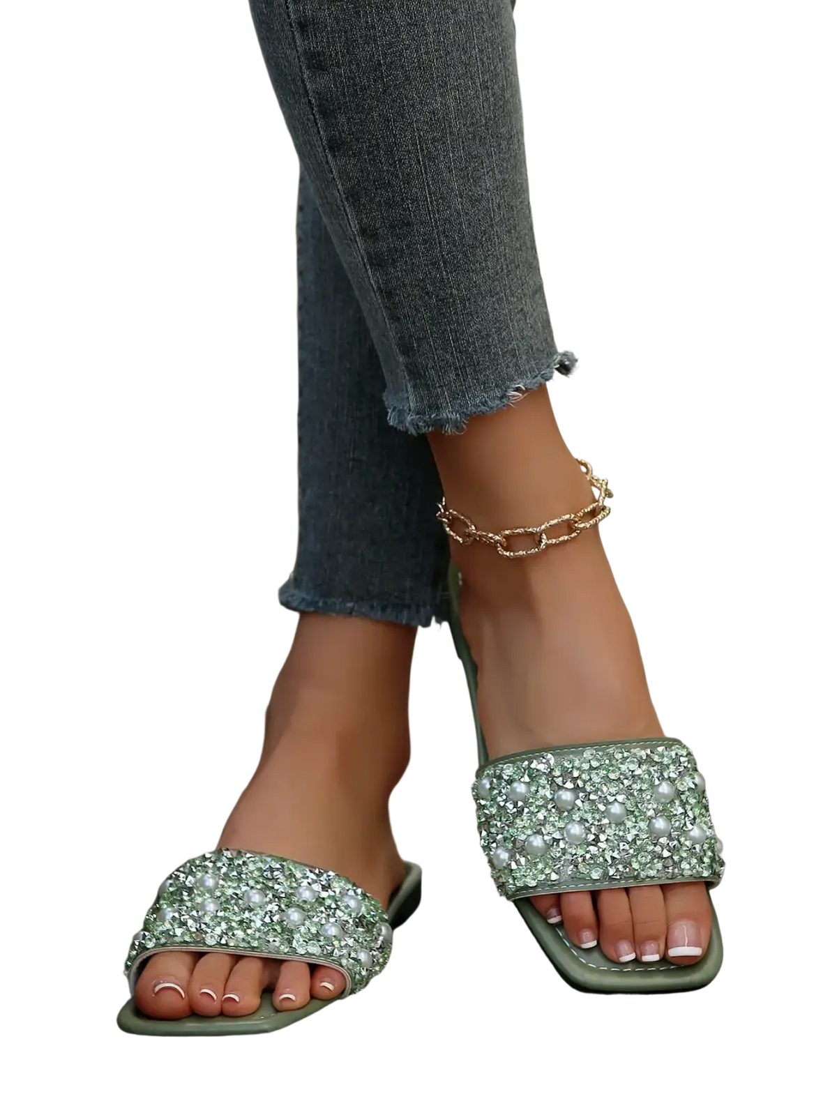 Olive green open-toed flat slide sandals with sparkling rhinestones and pearl-like embellishments