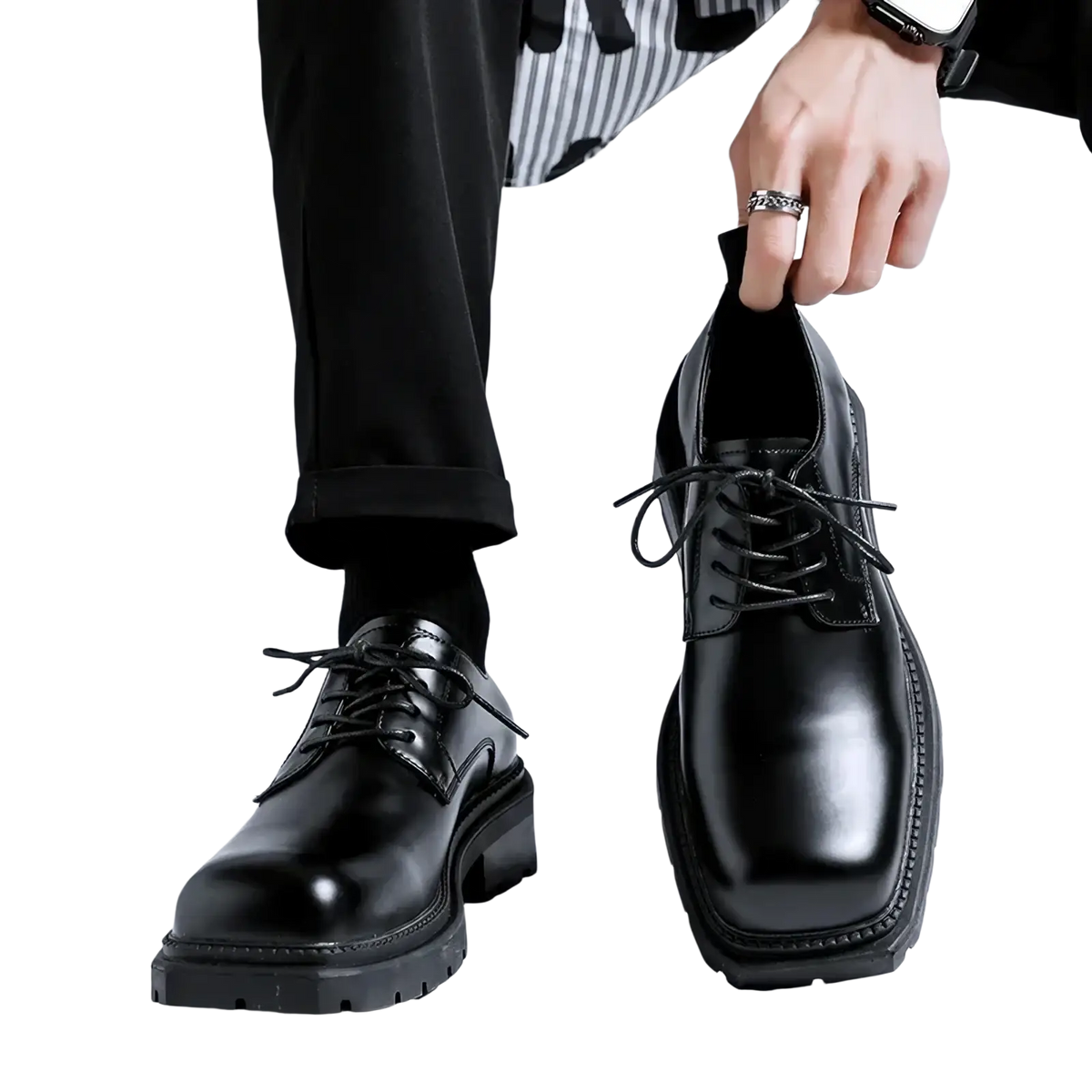 Black leather lace-up oxford shoes with a chunky sole and polished finish from green sole leather casual shoes