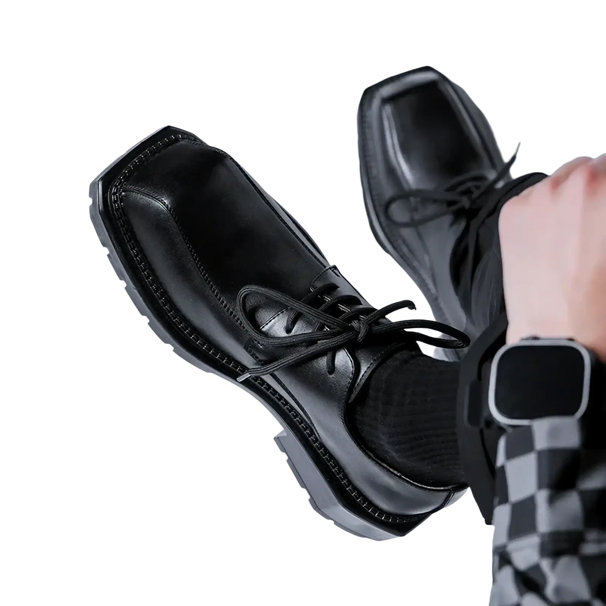 Black leather green sole leather casual shoes featuring lace-up oxford design with chunky sole and stitched detailing