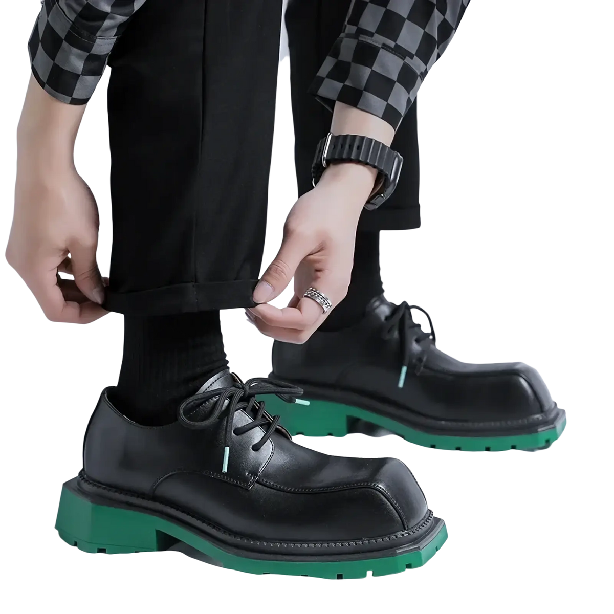 Black leather casual shoes with bold green rubber sole and matching green laces for stylish everyday wear