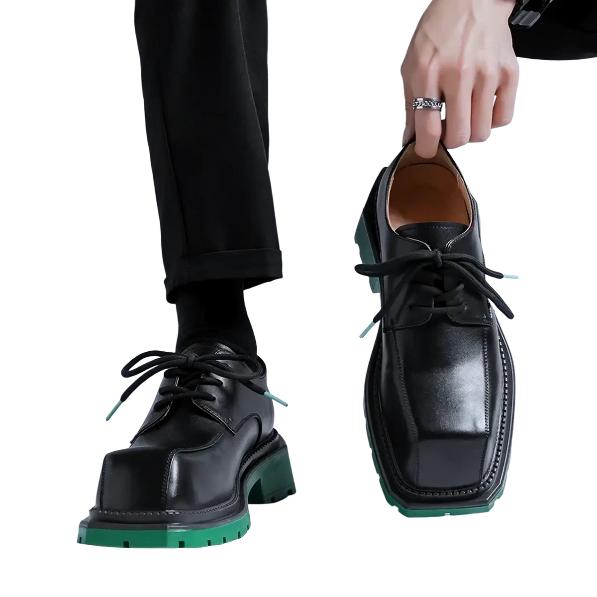 Black leather casual lace-up shoes with bold green rubber sole and matching teal laces green sole leather casual shoes
