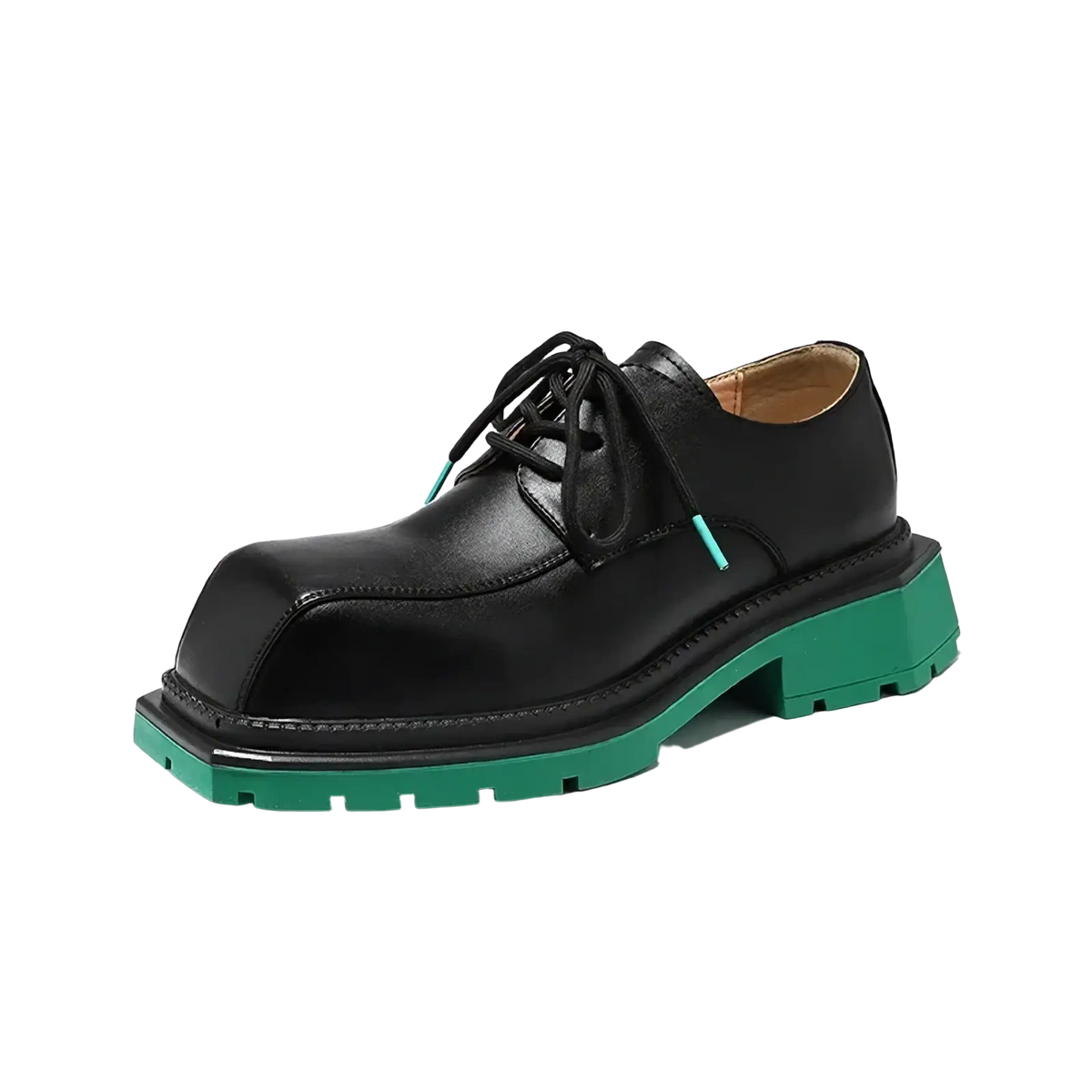 Black leather casual oxford shoe with bold green chunky sole and teal tipped laces for stylish wear