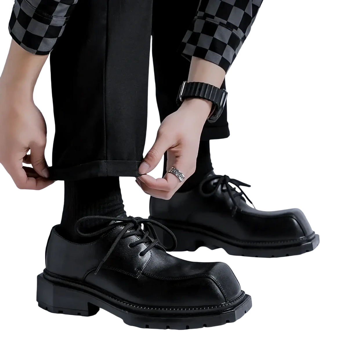 Black leather casual platform shoes with lace-up closure, chunky sole, and rounded toe from Green Sole collection