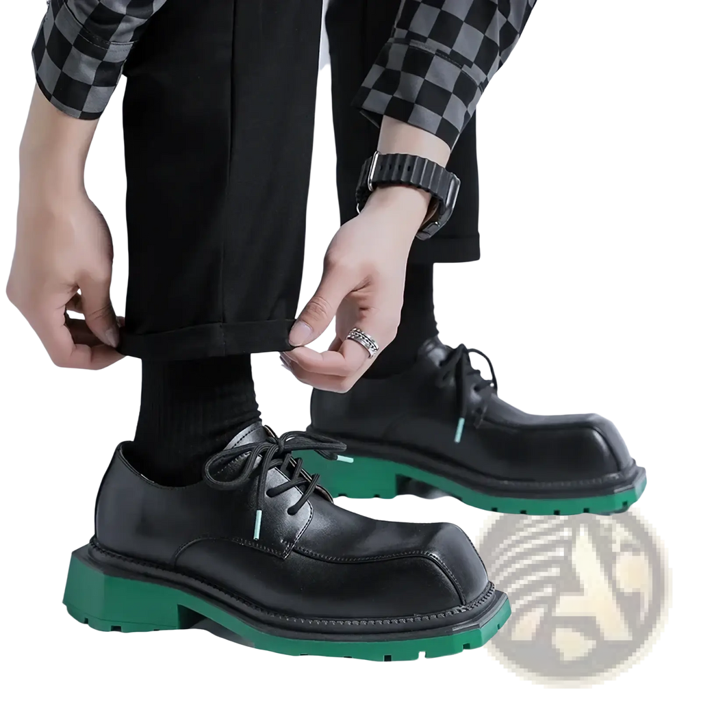 Black leather casual shoes with bold green rubber sole and matching green laces for stylish everyday wear