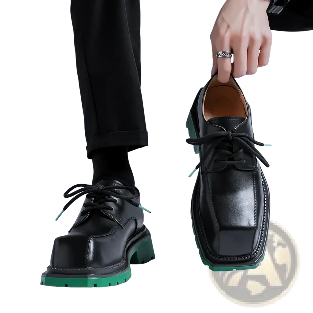 Black leather casual lace-up shoes with bold green rubber sole and matching teal laces green sole leather casual shoes