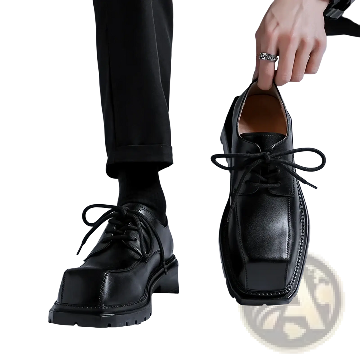 Black leather lace-up oxford shoes with square toe and chunky sole from green sole leather casual shoes collection