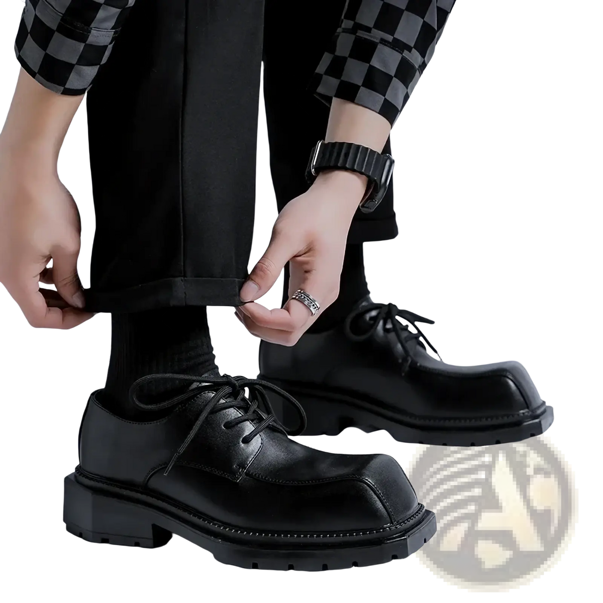 Black leather casual platform shoes with lace-up closure, chunky sole, and rounded toe from Green Sole collection