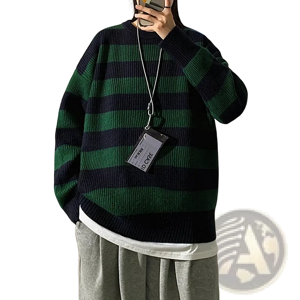 Green striped oversized vintage knit sweater with navy blue horizontal stripes ribbed crew neck and cuffs