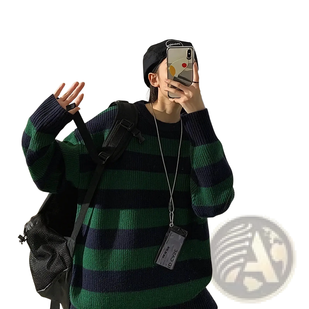 Green striped oversized vintage sweater with navy and green horizontal stripes knit fabric shown from back side