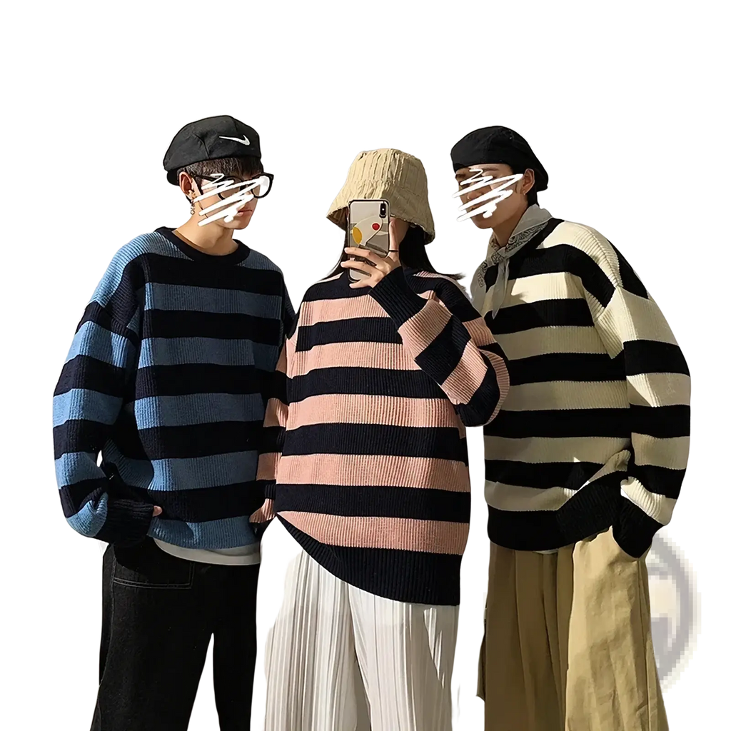 Three individuals wear oversized vintage knit sweaters with green striped patterns in varying color combinations