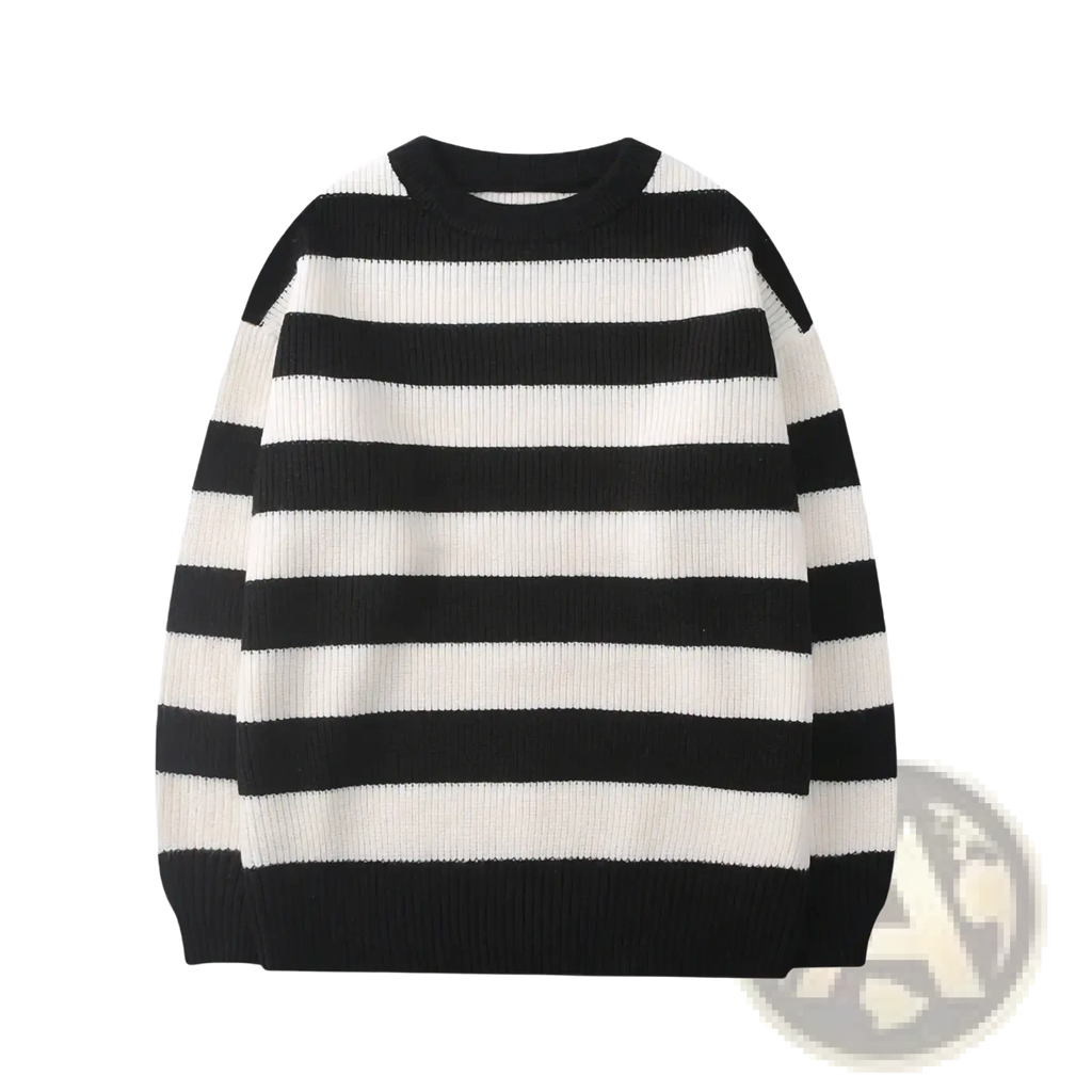 Black and white horizontally striped ribbed knit crew neck sweater featured in green striped oversized vintage collection