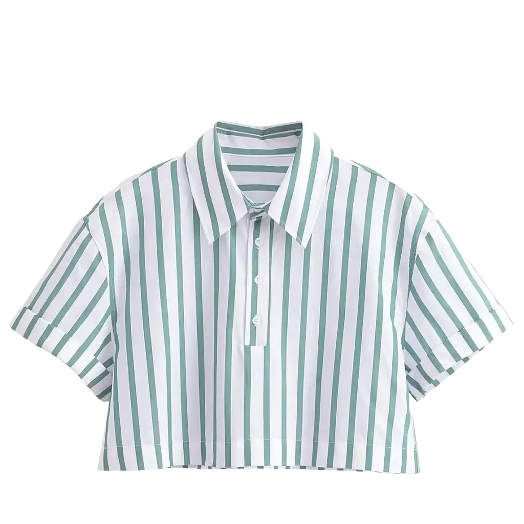 Green striped short sleeve crop shirt with vertical stripes, classic collar, and button-front design