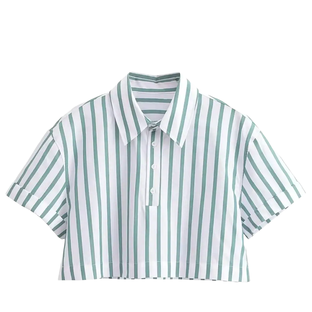 Green striped short sleeve crop shirt with vertical stripes, classic collar, and button-front design