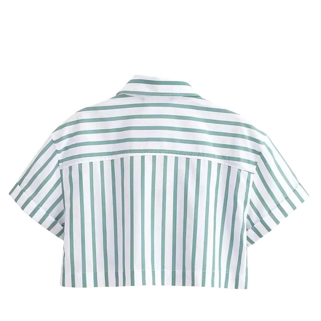 Green striped short sleeve crop shirt with vertical white and green stripes and a collar in lightweight fabric