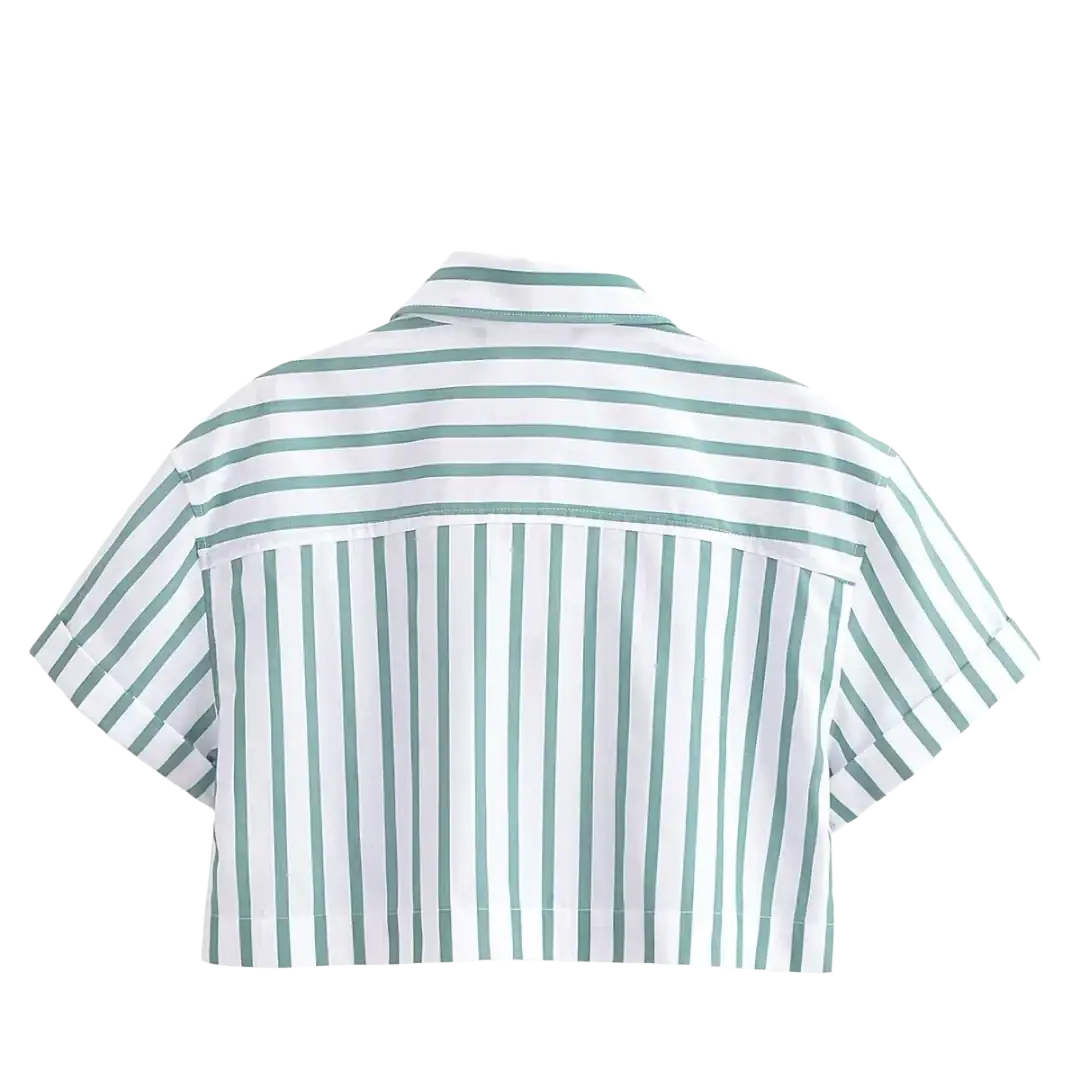 Green striped short sleeve crop shirt with vertical white and green stripes and a collar in lightweight fabric